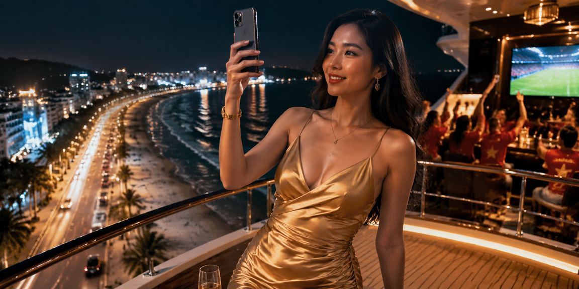 Khách VIP phân tích dữ liệu cá cược tại Phan Thiết với cảnh quan biển phía xa